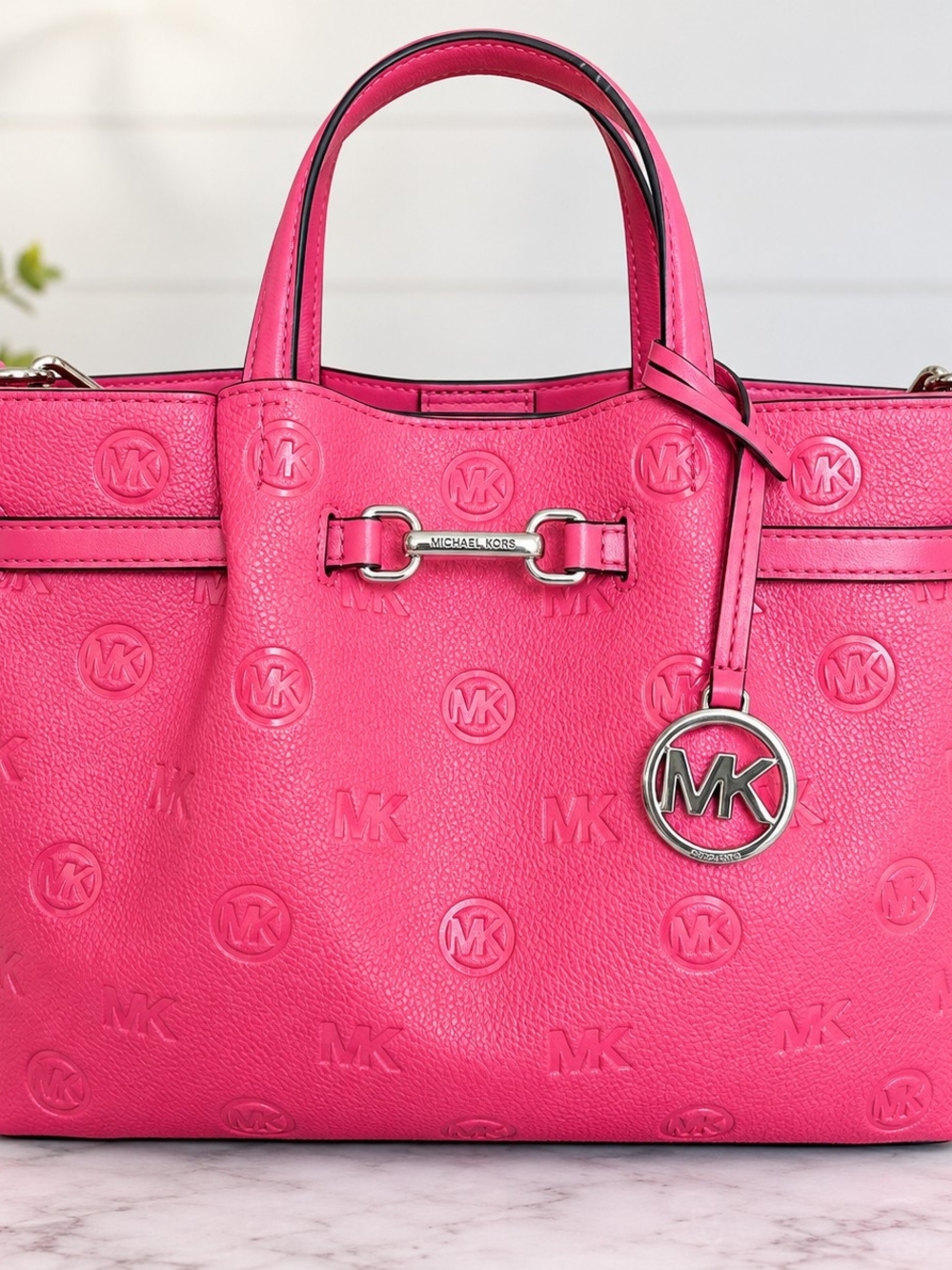 Michael Kors Pink Embossed MK Tote w/ Charm Removable Strap